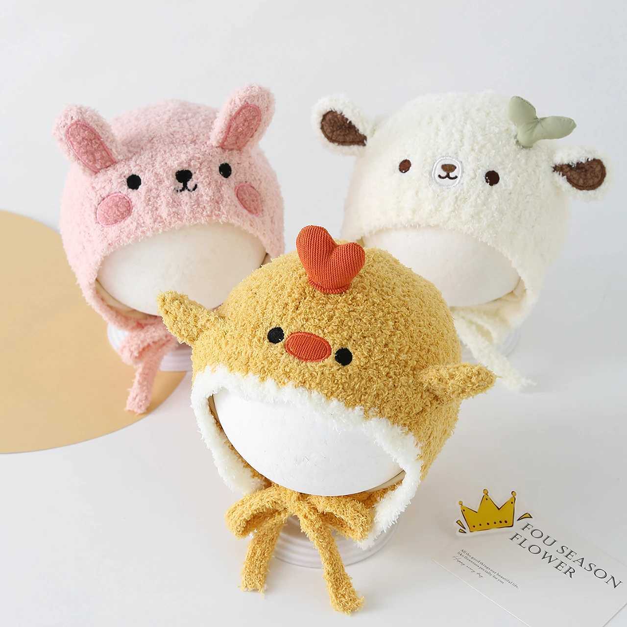 Winter Warm Ear Protection Cap Cute Animal Thicken Kids Lacing Hat Outdoor Coldproof Toddler Knitted Baby Earmuffs Beanie251028