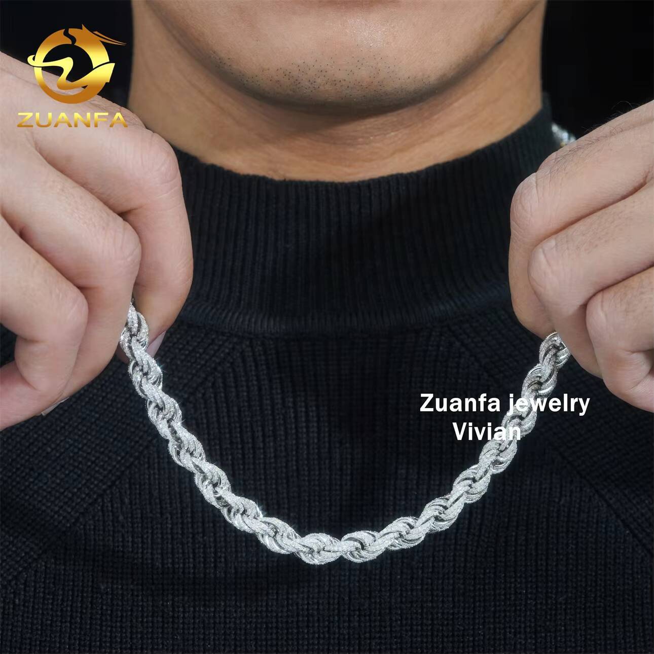 Hip Hop 10mm 925 Sterling Silver Necklace With Moissanite Clasp Iced Out Rope Chains for Menwomen