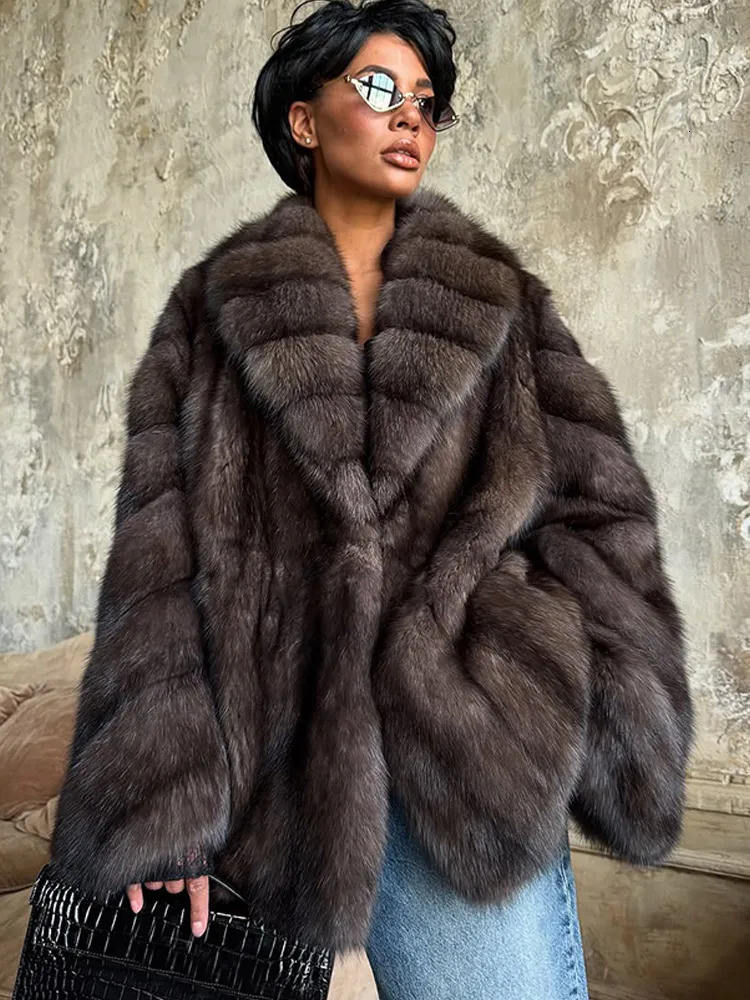 Women Fluffy Faux Fur Coat Fashion Lapel Long Sleeve Loose Pleated Jackets 2025 Winter Female Chic High Street Outerwear 251029