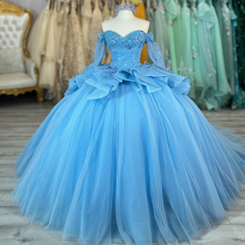 Blue Shiny Ball Gown Quinceanera Dresses Off The Shoulder Beading Crystal Tull Long Sleeves Party Birthday Sweet 16 Dress Vestidos 15 De Anos