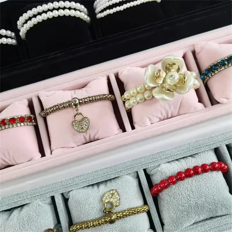 4 Grids Bamboo Wood Velvet Jewelry Organizer Display Tray with Soft PillowNecklaces Bracelet Bangle Watches Storage Holder 251013