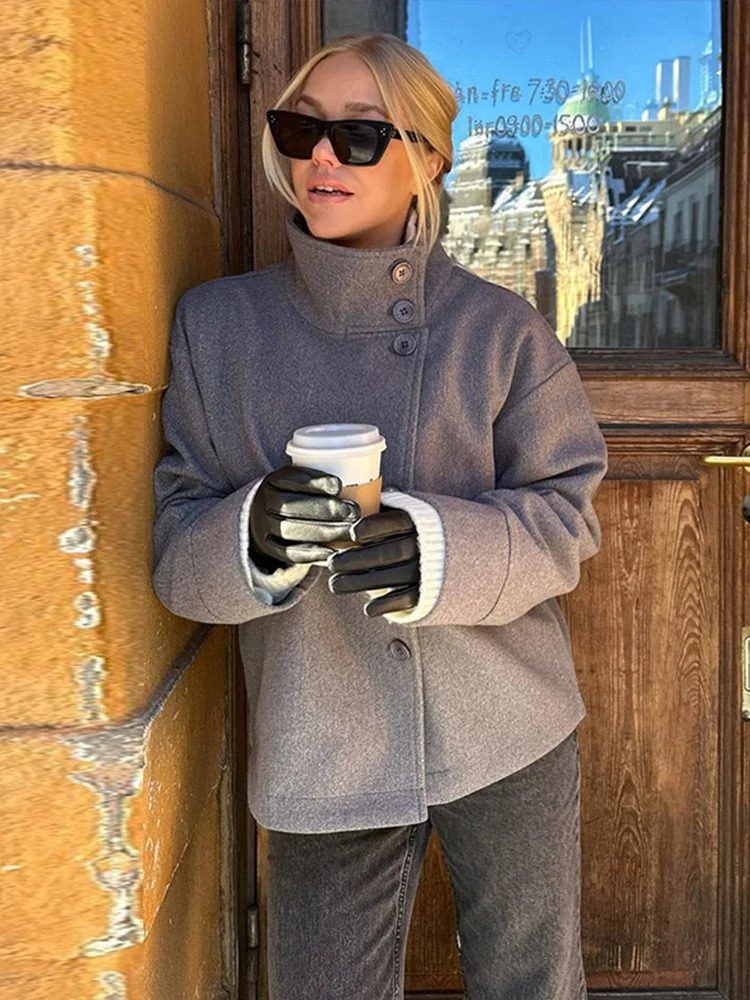 Casual Single Breasted Khaki Woolen Short Jacket Women Fashion Stand Neck Cropped Full Sleeve Outwear Autumn Daily Office Coat 251028