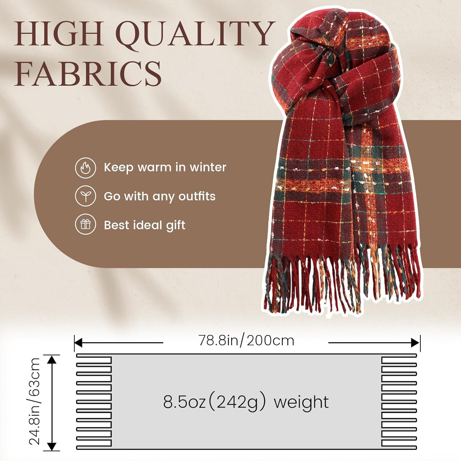 Custom Womens Winter Scarf, Cashmere Feel Plaid Scarfs for Women, Soft Pashmina Shawls and Wraps, Long Blanket Scarf