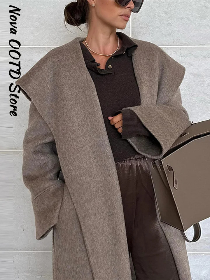 Elegant Shawl Collar Lace Up Long Woolen Coat Women Full Sleeve Belt Lapel Thick Overcoat Autumn Winter Lady Chic Outwear 251028
