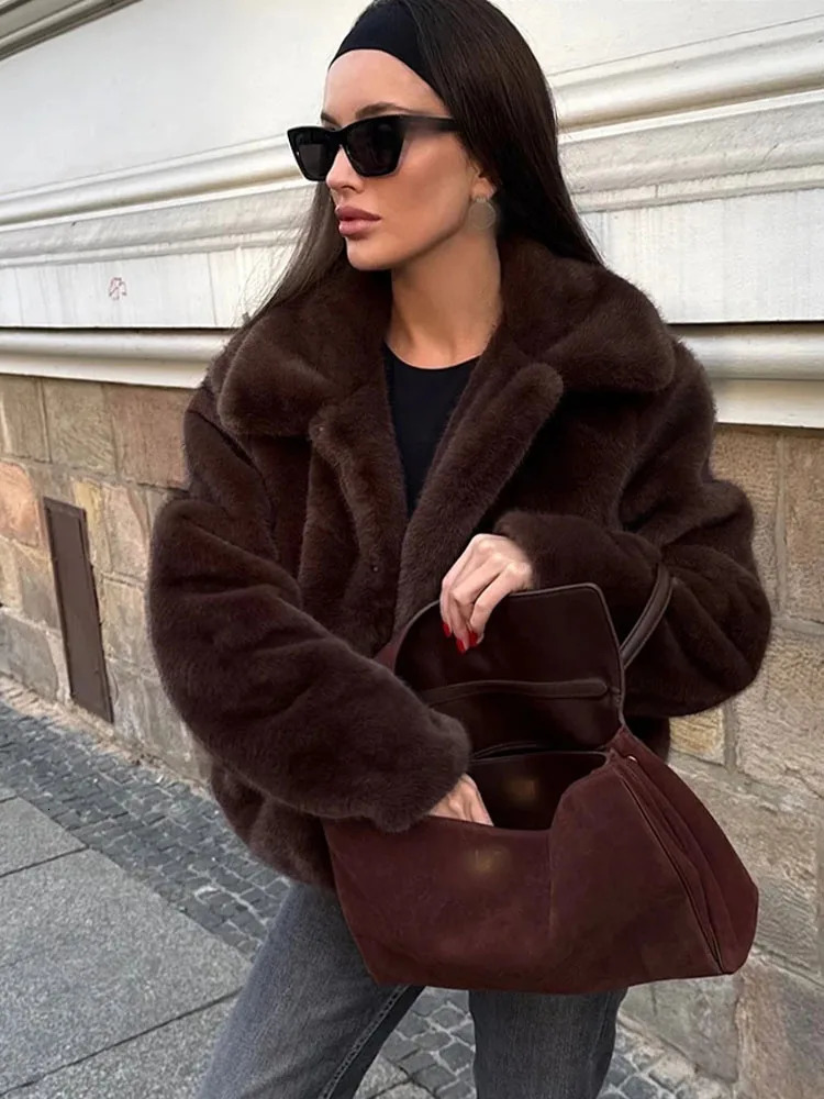 HH Winter Womens Retro Brown Chic Faux Fur Short Jacket Lapel Long Sleeve Single Chest Pocket Streetwear 251028