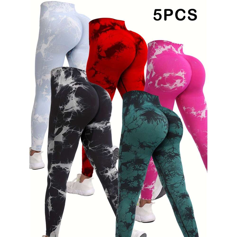 5-Pack Rainbow Tie-Dye High Waisted Sculpting Fiess Pants, Quick-Dry Running Yoga Butt-Lifting Sports Leggings, Women'S Clothing