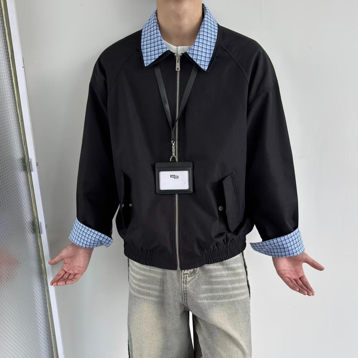 Fake Two-piece Plaid Patchwork Jacket For Men, Spring American Vintage Loose Casual Designer Jacket Couple Top