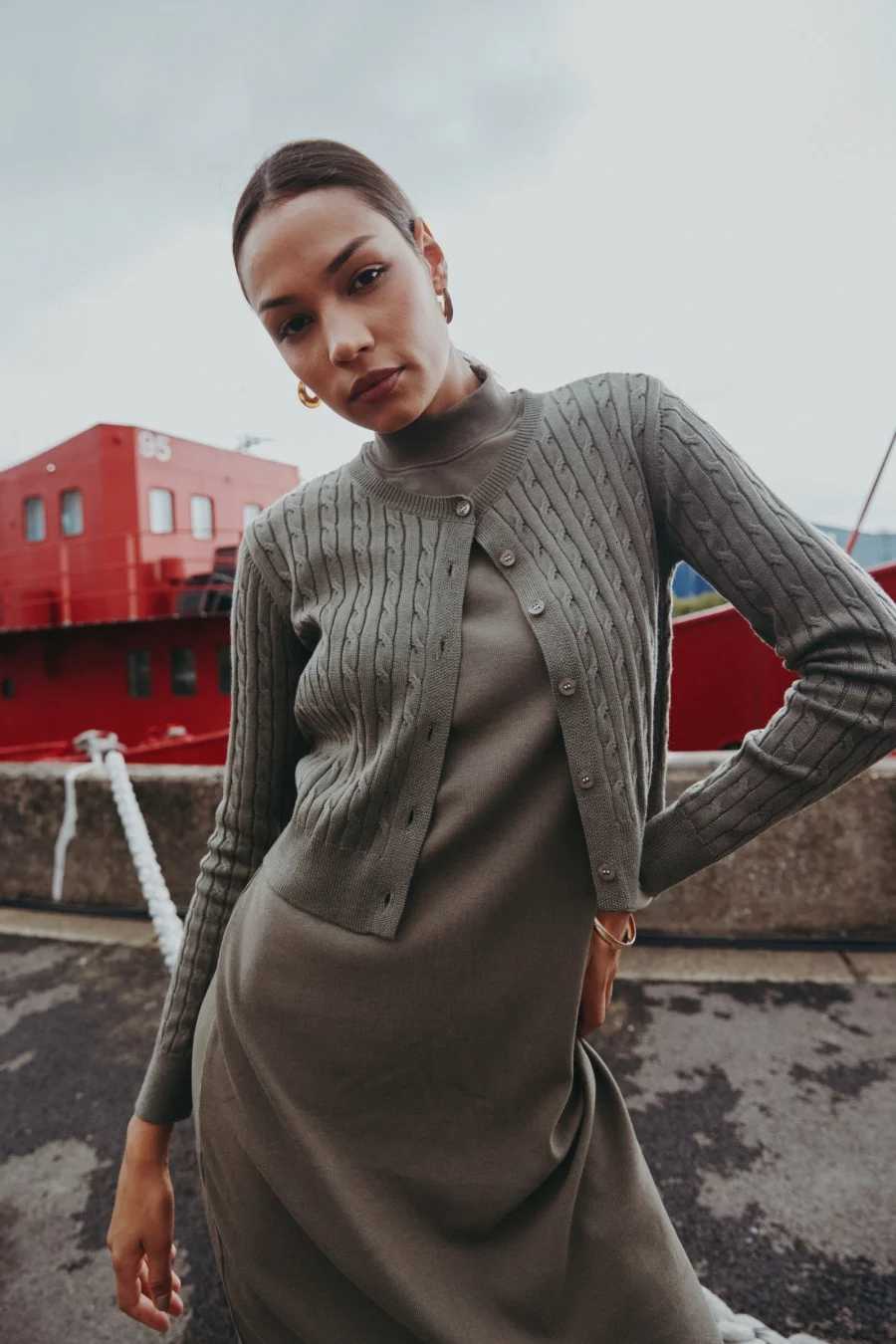 AS AW25 new design knitting cable cardigan ribbing mockneck dress maxi length match for lady wearT251028