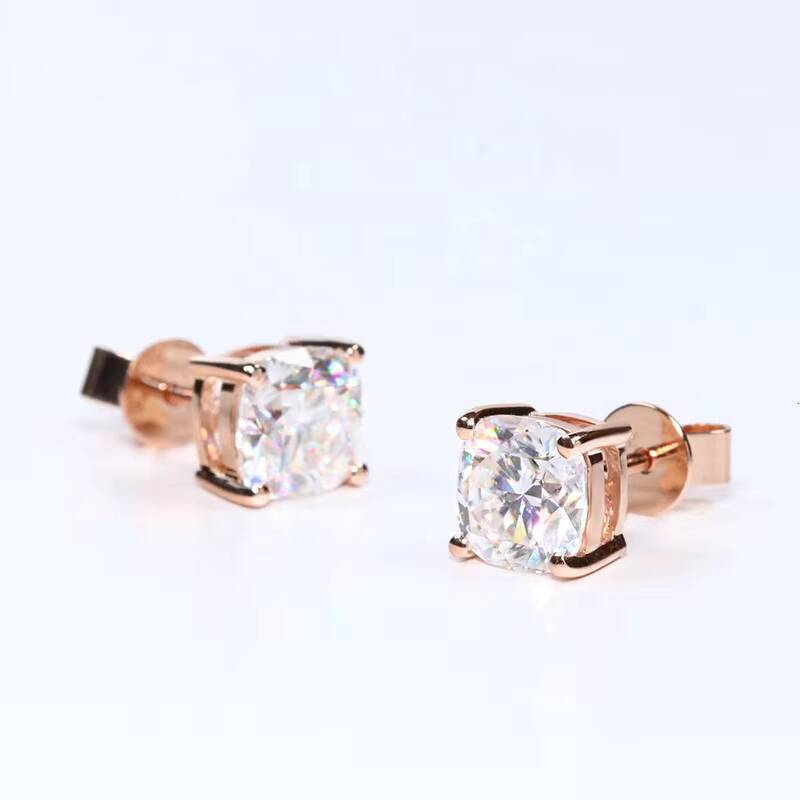 Fine14K Solid Gold Jewelry 6mm 1ct Version Total 2 Carat Per Pair Cushion Cut 18K Rose Gold Moissanite Studs Earrings