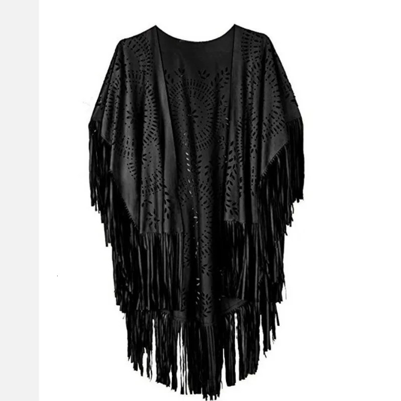 Camel Suede Floral Hollow Out Fringe Tassel Shawl Women Vintage Capes Ponchos Autumn Bohemian cardigan Cloak Boho Capes 251029
