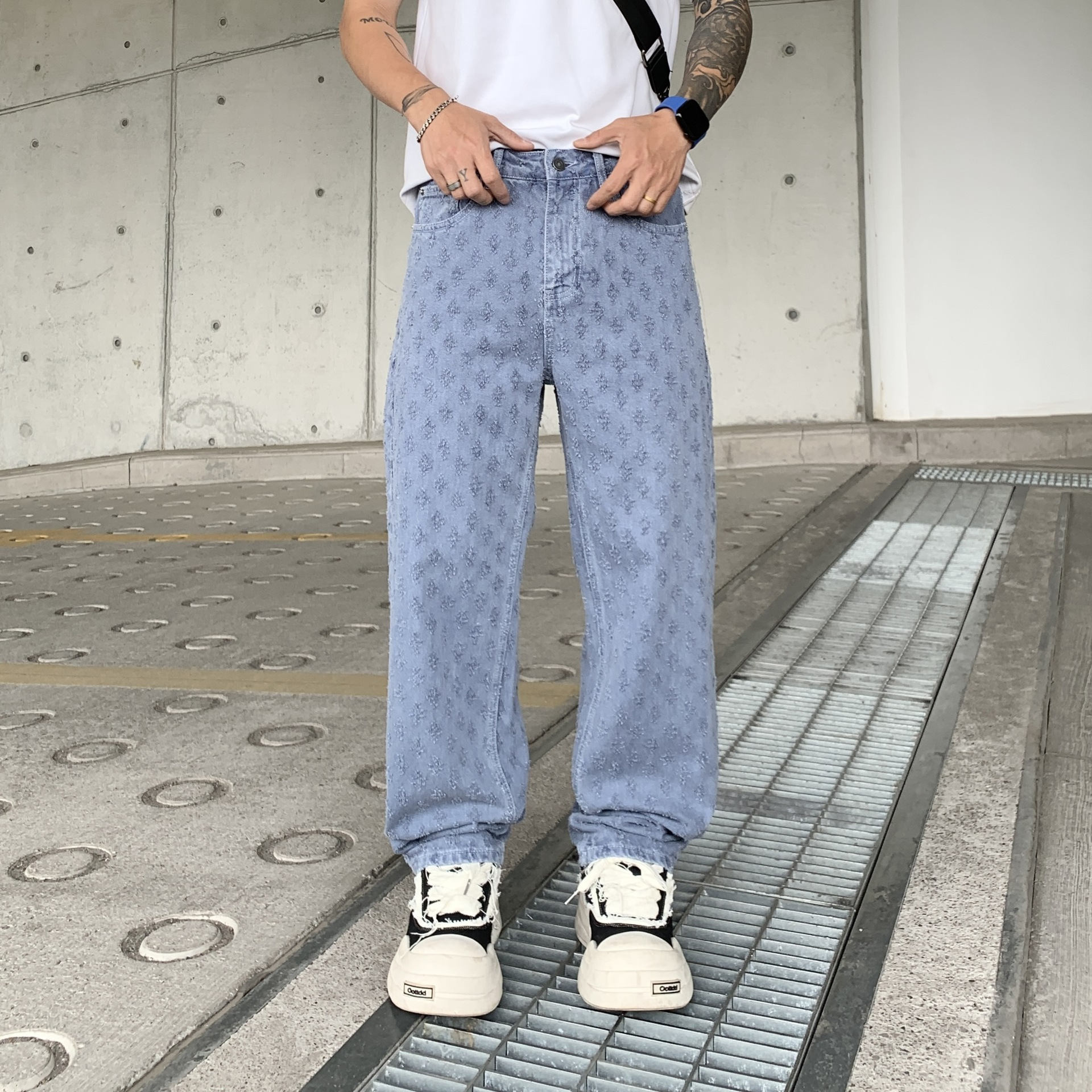 Designer Men's Jacquard Jeans Washed Denim Workwear Pants Vintage Cotton High Street Fashion Loose Fit Women Straight Leg Hip Hop baggy jeans for