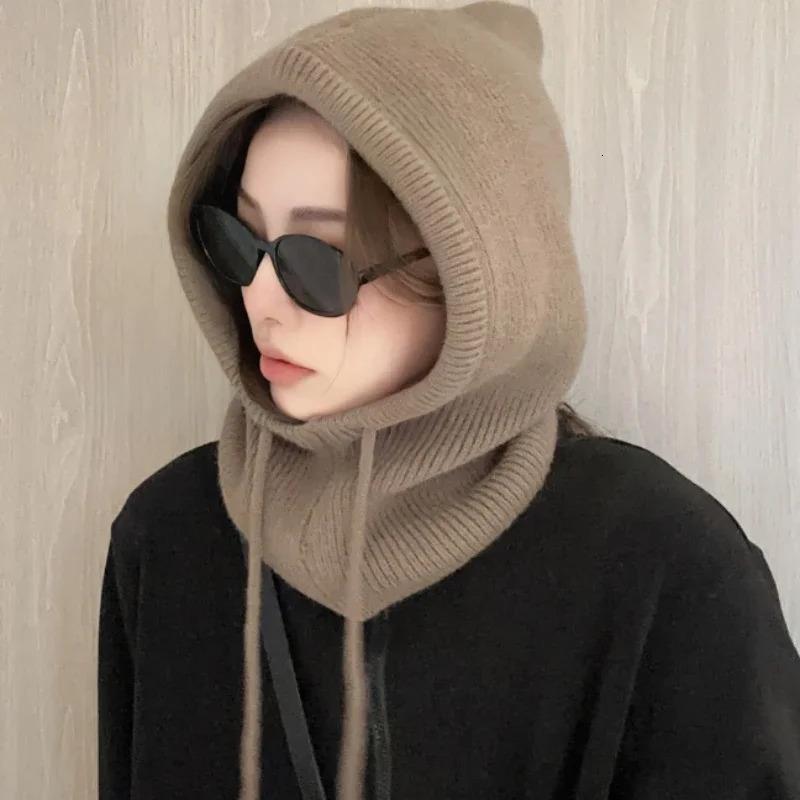 Knitted Hooded Caps Winter Balaclava Hats Women Korean Style Outdoor Warmer Drawstring Hats Onepiece Neck Collar Beanies Cap i251029