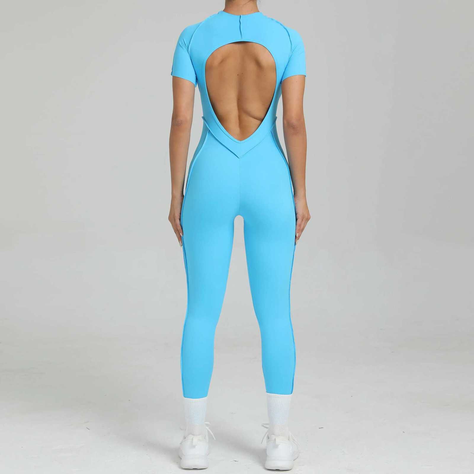 Womens OnePiece Suit Zipper Short Sleeve Gym Push Up Workout Clothes Fitness Short Bodysuit Sportswear JumpsuitsXJ251029