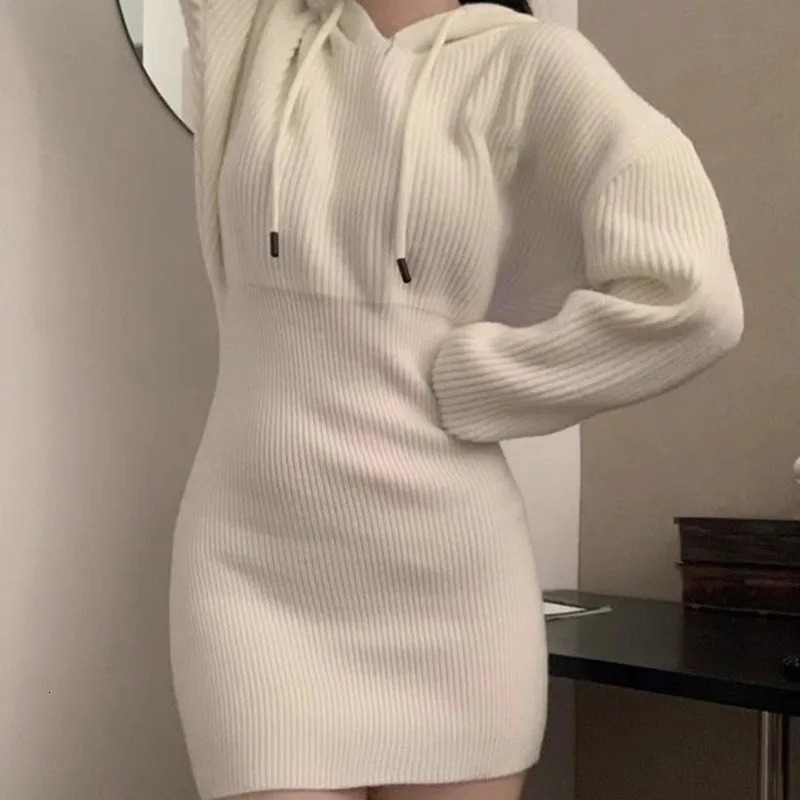Sexy White Thicken Knit Mini Dress Woman Korean Elastic High Waist Bandage Dresses Women Hooded Outwear Long Sleeve Slim Dress 251029