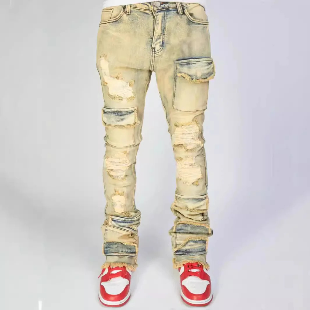 Men Jeans Long Pant Denim Flare Pants Hole Straight Trousers Slim Fit High Waist Casual Button Pocket Splice Autumn Winter 251029