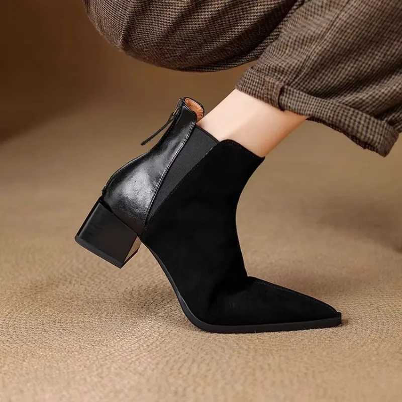 Autumn Winter Women Thick Heel Ankle Boots Elegant Back Zippers Shoes Modern Leather Suede Splicing Short Botas Para Mujer Z251029