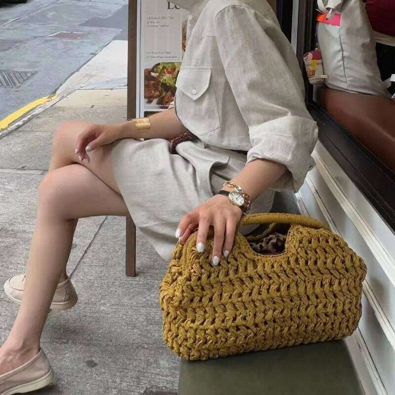 Summer Straw Women Woven Clutch Purse Rattan Handmade Handle Boho Ladies Travel Beach Versatile Kintted Tote Bag