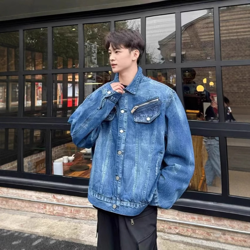 Trendy High Street Tie-dye Denim Jacket For Men American Casual Zipper Designer Jacket Design Cool Loose Workwear Jacket