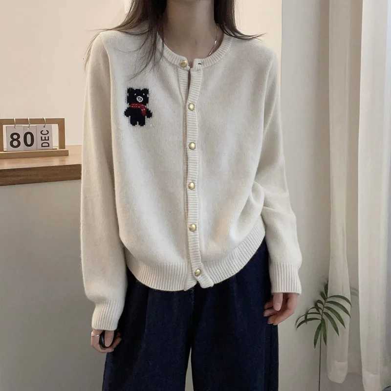 Autumn Winter Elegant Fashion Little Bear Knitted Cardigan Women Clothing Casual Allmatch Long Sleeve Sweaters Oneck Loose TopT251028