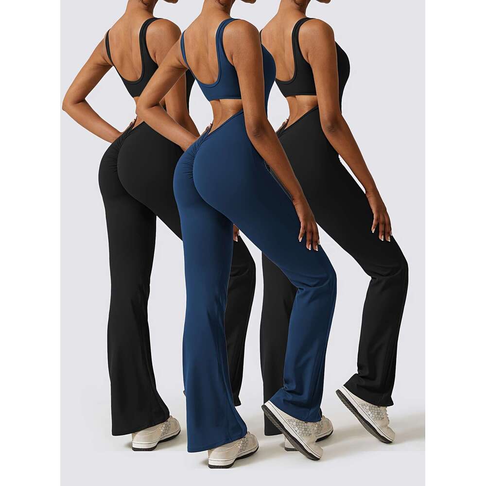 3Pcs Flattering Solid Color Cut-Out Backless Yoga Bodysuit Jumpsuit Women's Activewear With Chest Pad Flared Gym Pants - Comfortable And Breathab