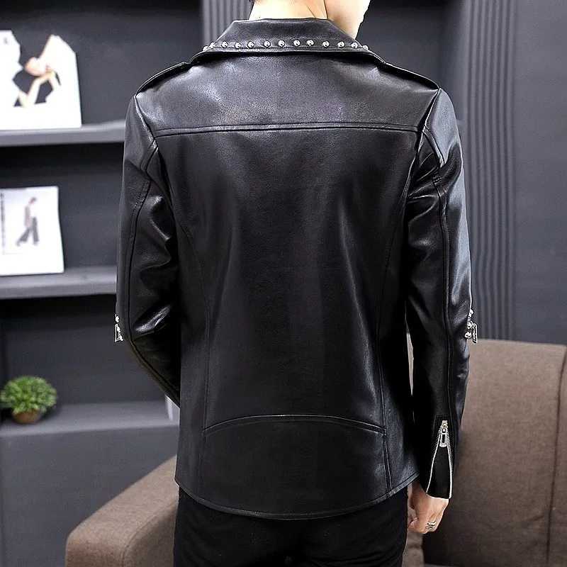 Personality Men Rivet Leather Jacket Fashion Punk Zipper Motorcycle Coat Teenager Nightclub Casual Pu Leather Lapel Slim JacketT251029