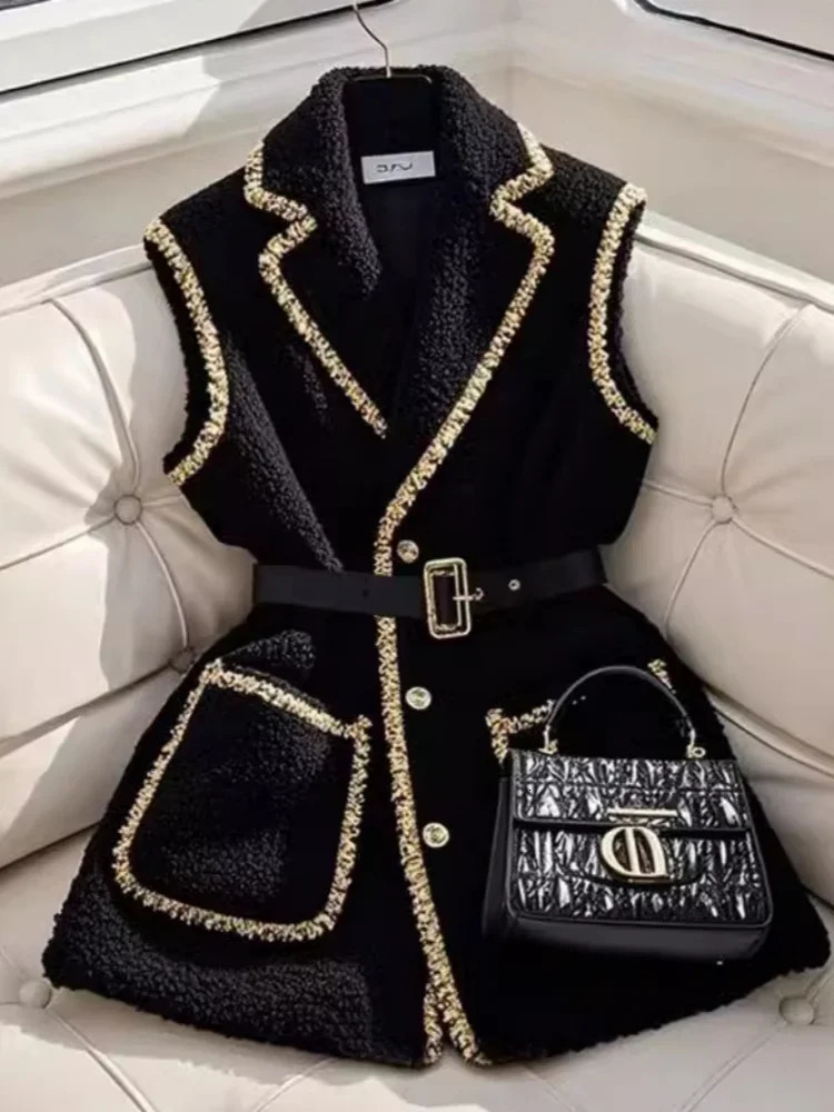 Elegant Women Black Lambhair Vest Coat y Bright Silk Edging with Belt Sleeveless Blazers Spring Winter Outerwear 251027