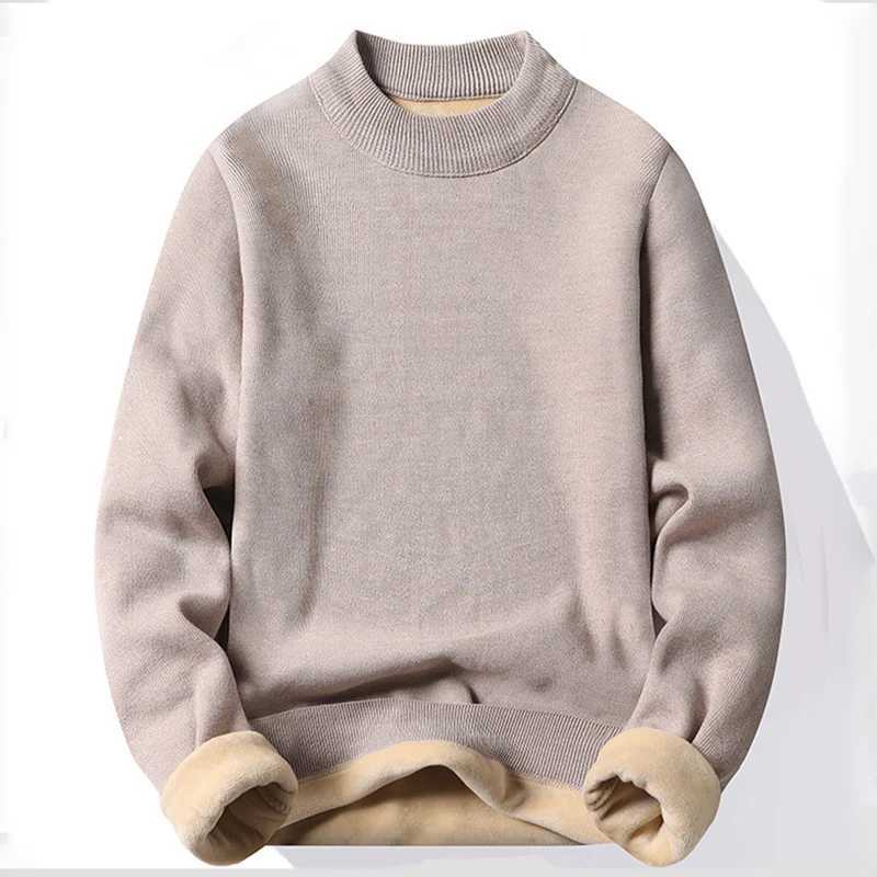 Winter New Mens Knitted Sweater with A Half High Collar Solid Color Plush and Warm Knitted Lining Top Casual and Versatile Top J2510291