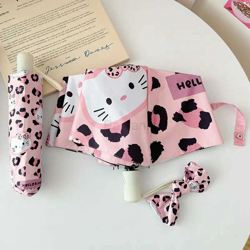 Sanrio Cartoon Sanrio Hello Kitty Umbrella Kawaii Automatic Uv Protection Sun Protection Cute Pink Leopard Print Folding Umbrella L251029