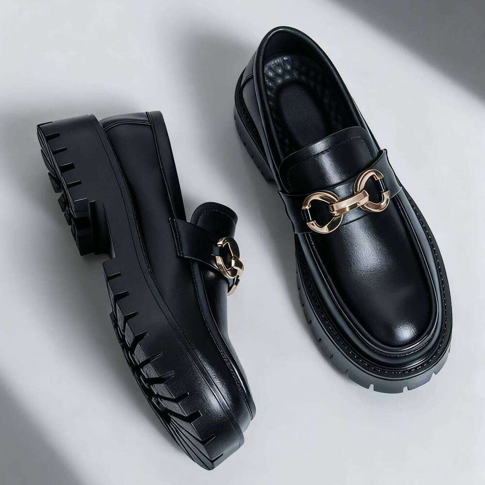 Fashion Classic Thick Sole Men's Penny Loafers Slip-On Business Dress for Gentleman Metal Buckle Formal Black Glossy Shoes