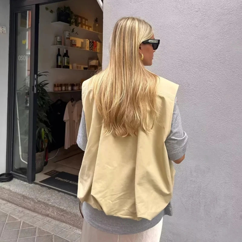Womens Cropped Waistcoat Fashion Zipper Vest Women Sleeveless Loose Coats Female Chic Pleat Tops 251029