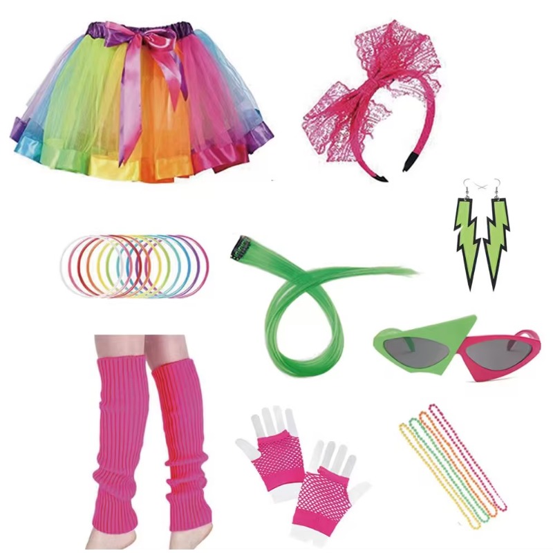 A collection of clothing and accessories from the 1980s, including masquerade ball bags for women, gauze skirts with nets, fishing net gloves, etc