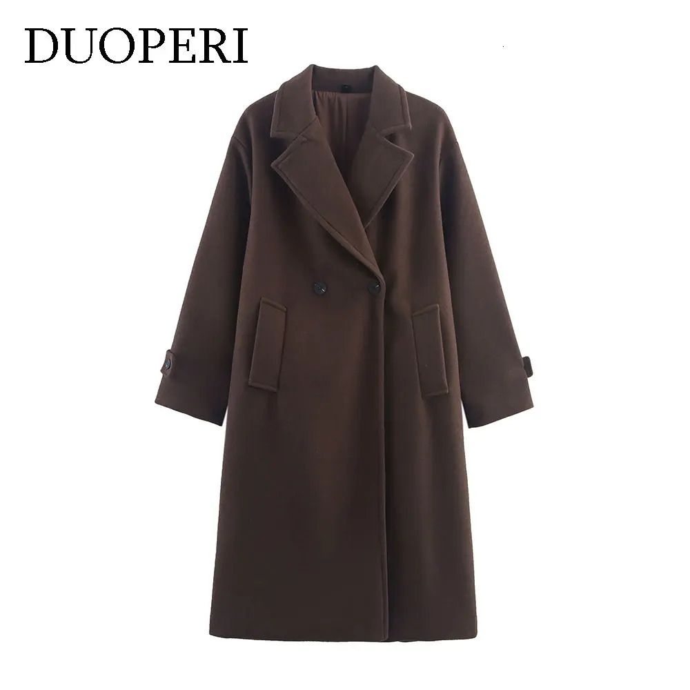 DUOPERI Autumn Winter Womens Brown Woolen Coat Warm Fashion Notch Neck Long Sleeves Female Elegance Chic Lady Outfits 251028