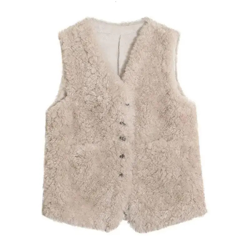 Lamb Fur Vest Coat Women Sleeveless Tops Allmatch Waistcoat Autumn Winter VNeck Button Warm Hair Jacket 251027