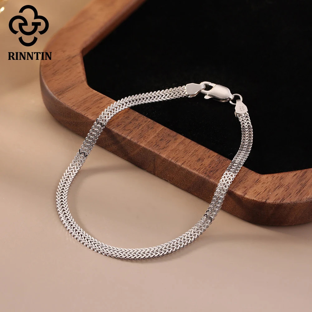 Rinntin 925 Sterling Silver 28mm Flat Mesh Chain Bracelets HightQuality Bangle Chain Simple Women Men Daily Accessories SB216 251028