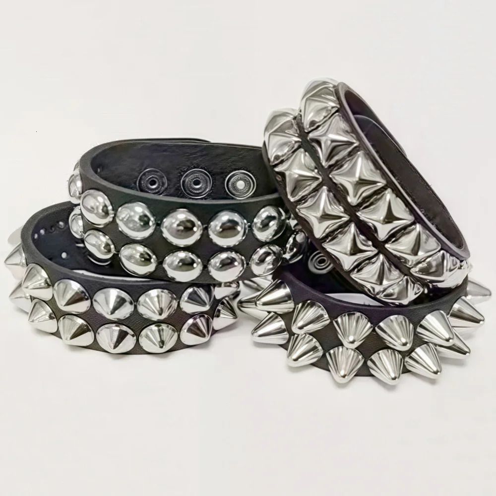 2025 Men Silver Color Spiked Rock Bracelet Bangles Women Vintage Punk Cosplay Black Goth PU Leather Wrap Bracelet Emo Jewelr 251028