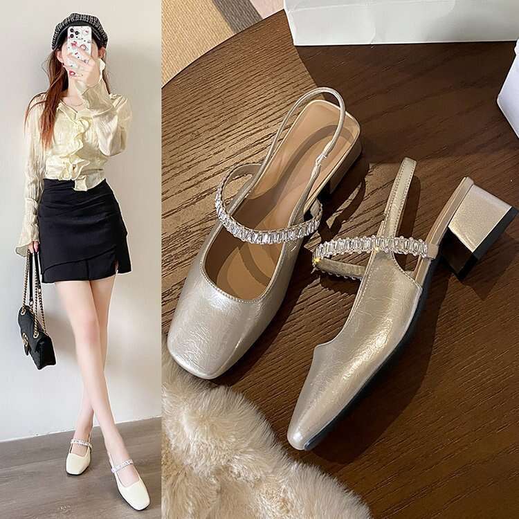 Women's 2025 New French Style Designer Shoe Flat Low Heel Closed Sandals Rhinestone Strap Soft Insole Shallow Mouth Square Toe Breathable Single 