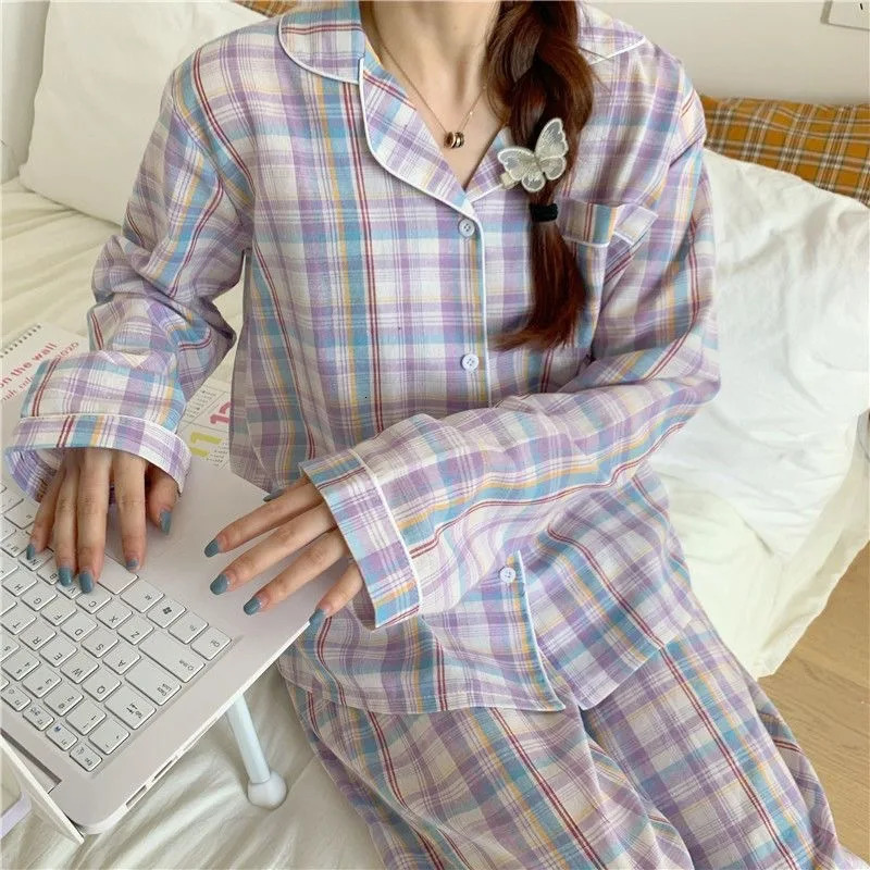 Pajamas Female Autumn and Winter LongSleeved Sweet Nightwear Homewear TwoPiece Set Women Plaid Casual Simple Sleepwear 251029