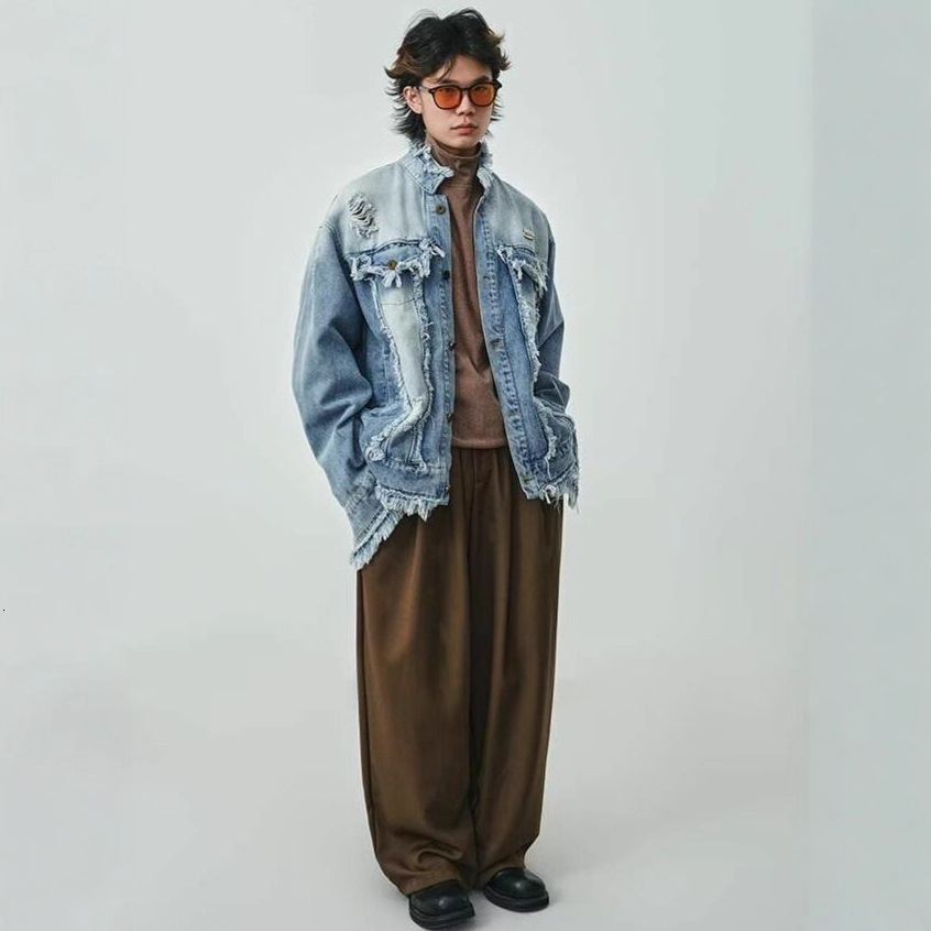 American Heavy Washed Vintage Fringe Raw Edge Denim Jacket Unisex Designer Jacket Trendy Casual Couple Coat Top