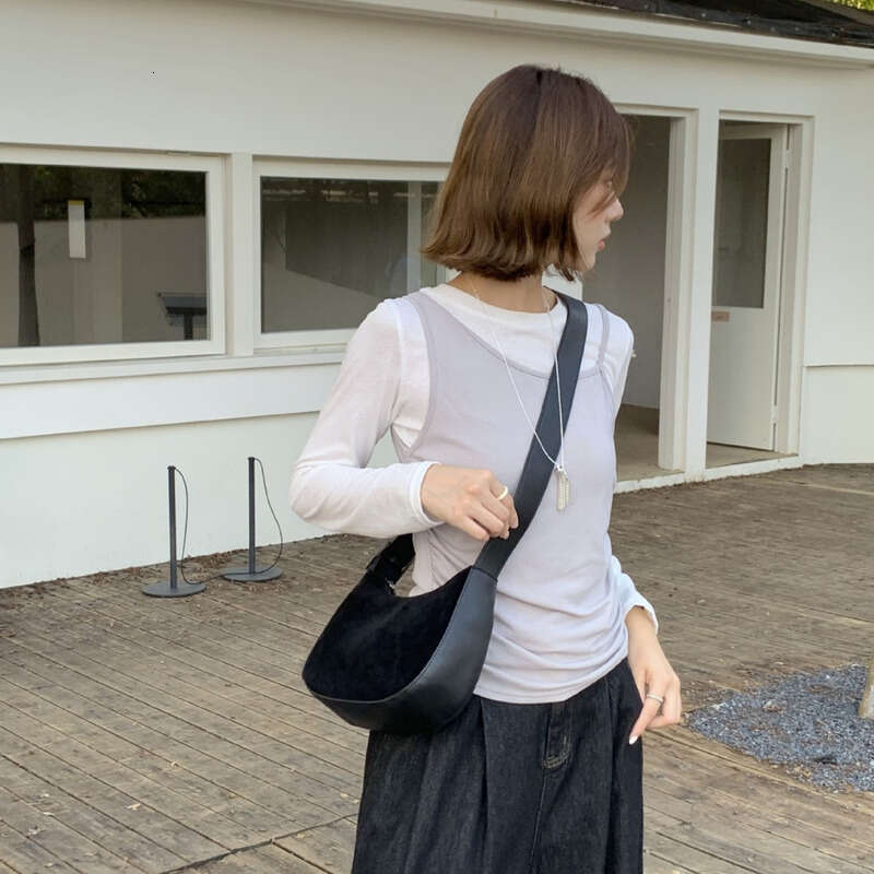 Genuine Leather Bag Niche Design Suede Texture Fashion Crescent Solid Color Ins Style Daily Versatile Shoulder Underarm Crossbody Bag