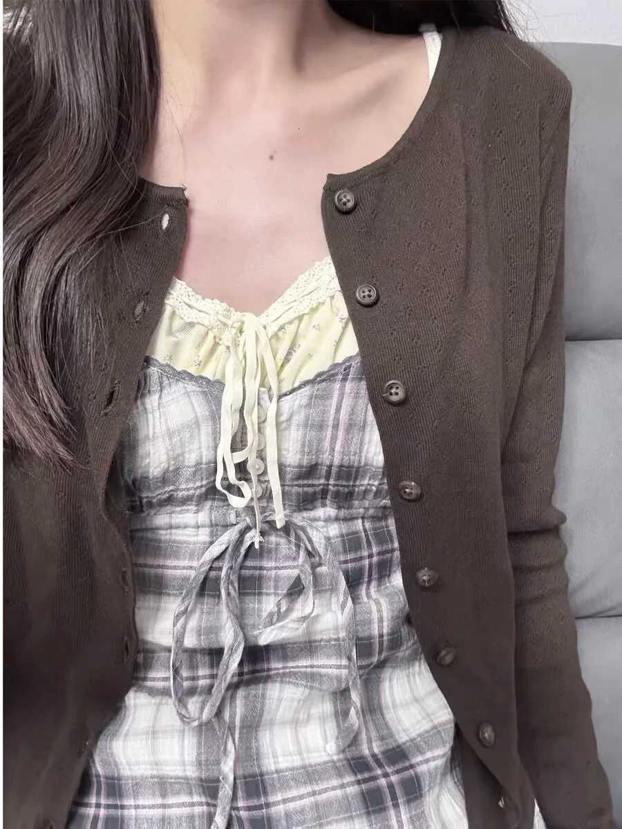 Brown Eyelet Knitted Cardigan Women Autumn New Casual Cotton Long Sleeve Sweater Coat Female Vintage Simple Basic Sweaters TopsT251028