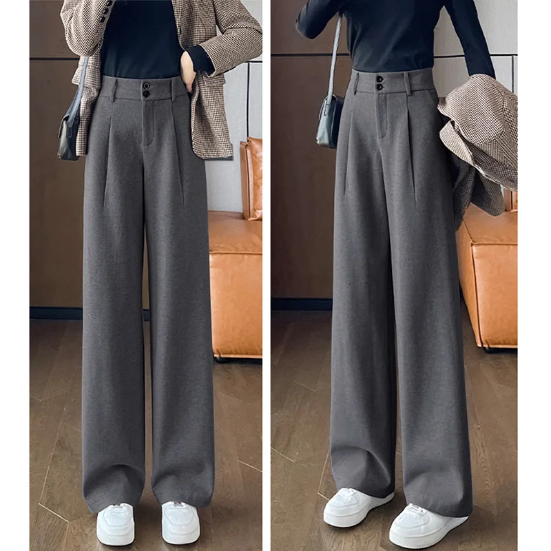 Autumn Winter Women Concise Woolen Pants Lady Wide Leg ner Outside Trousers Female Thicken High Waisted Draping 251029