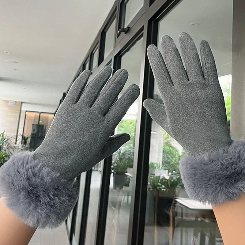 Winter Rabbit Fur Mouth Full Finger Touch Screen Plus Velvet Warm Gloves For Women 251029