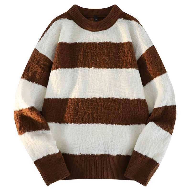 2024 Mens New Black and White Striped Sweater Mens Autumn and Winter Loose Pullover Casual Top Mens Homestay Casual Warmth J251029