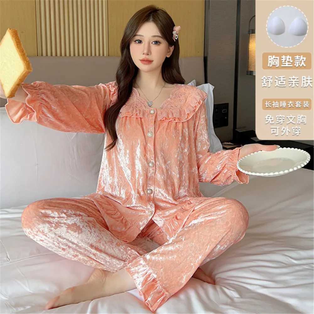 Autumn Velvet Pajamas Set Long Sleeve Shirt Trouser Suits Sexy Lace Trim VNeck Sleepwear Loose Casual Home Wear LoungewearT251029