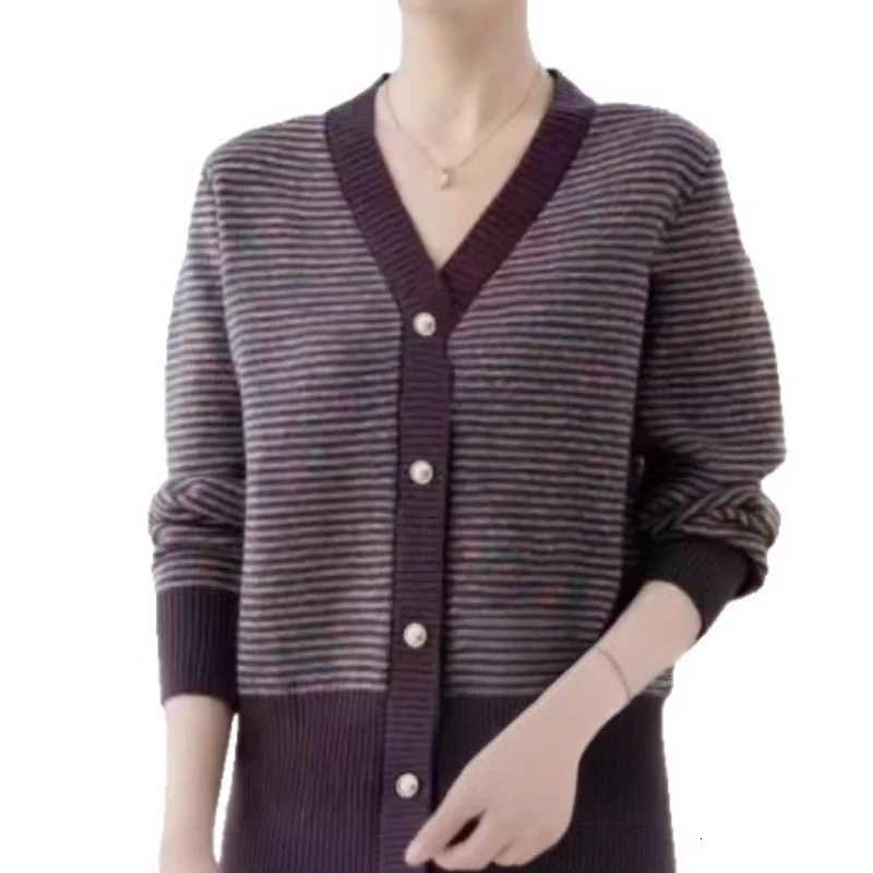 New Contrasting Striped Vneck Sweater Womens Loose Casual and Versatile Sweater Jacket Cardigan TopT251028