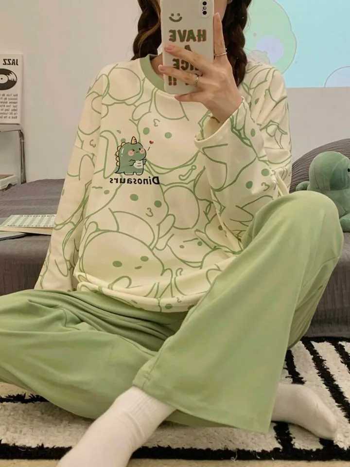 2Piece Womens Casual Pajama Set Dinosaur Print LongSleeve Top Long Pants Suitable for All SeasonsT251029