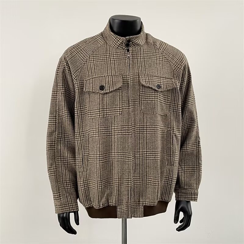 High-end Houndstooth Woolen Jacket Men's Trendy Designer Jacket Short Coat American Stand Collar Baseball Jacket
