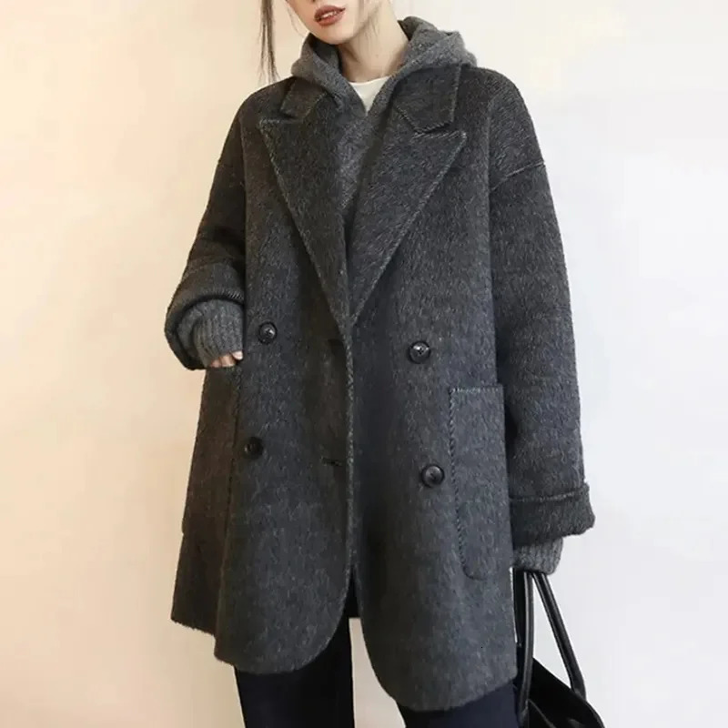 Korea Woolen Long Jackets Coats Tops Winter Laper Double Breasted Abrigos Casual Chaquetas Overcoat Classic Women Warm Casacos 251028