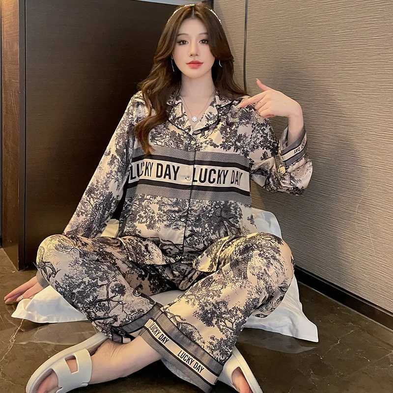 Ice silk pajamas womens inkwash painting longsleeved shirts and long pants highend elegant and comfortable home wearT251029