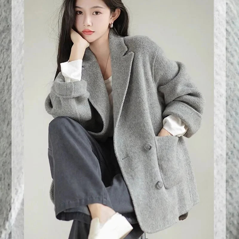 Korea Woolen Long Jackets Coats Tops Winter Laper Double Breasted Abrigos Casual Chaquetas Overcoat Classic Women Warm Casacos 251028